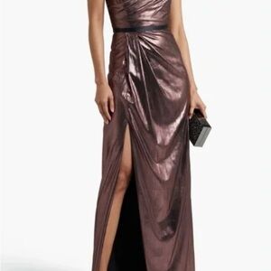 Marchesa Notte Metallic Bronze Lamé Strapless Formal Gown Size 6
